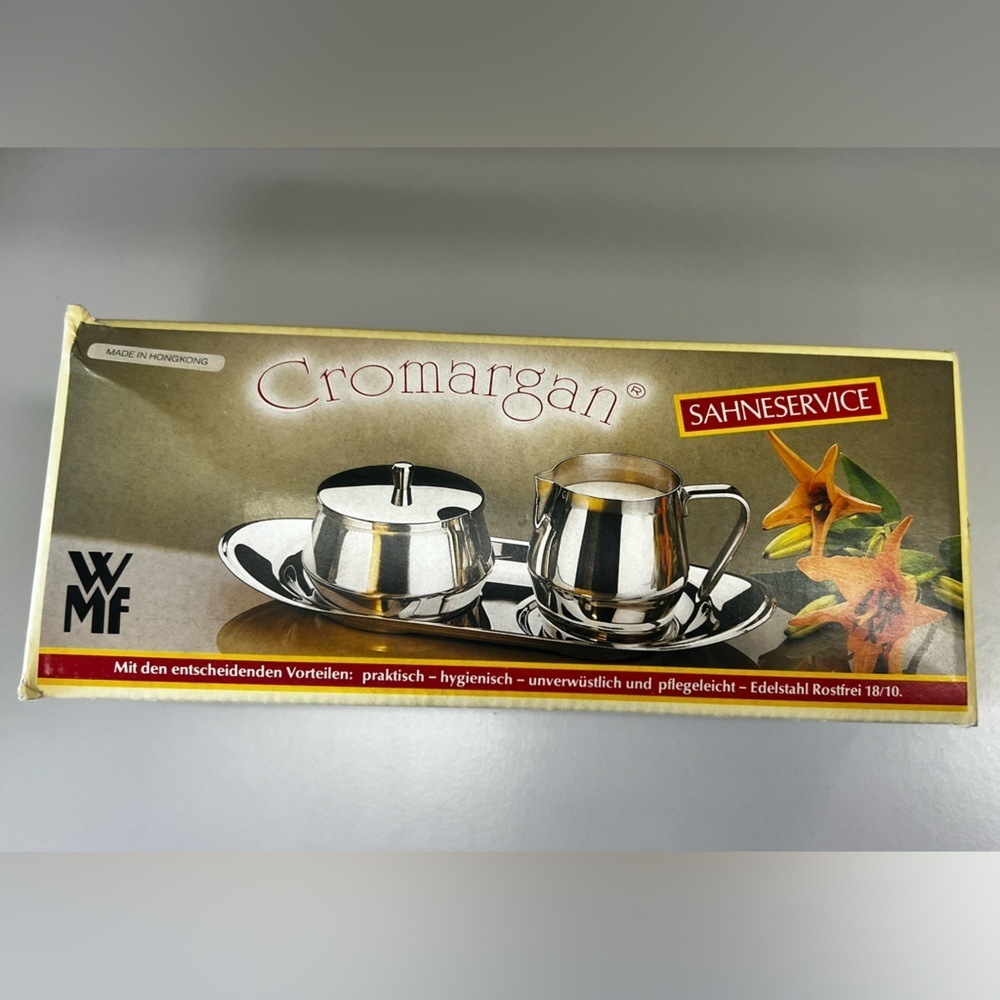 NWT Vintage WMF Cromargan Sugar and Creamer Set with Tray Stainless Steel 18/10